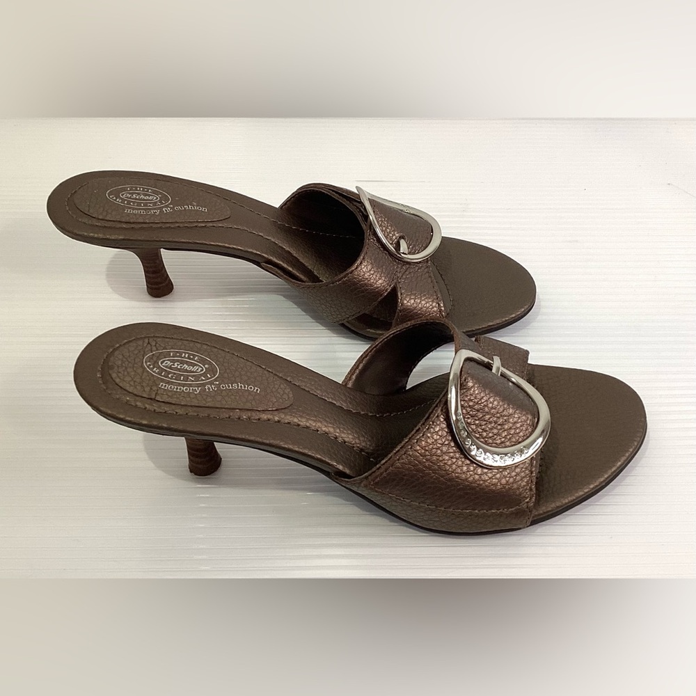Dr. Scholl’s Leather Woman’s Sandals Slip on Shoes Size 8M Color Bronze Heel 2” - Picture 7 of 12